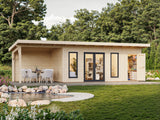 Aurelia XL+(8,9x3m|16,7+7,9m2|44mm ) Flat Roof Log Cabin with Canopy and Side Shed - Palmako UK