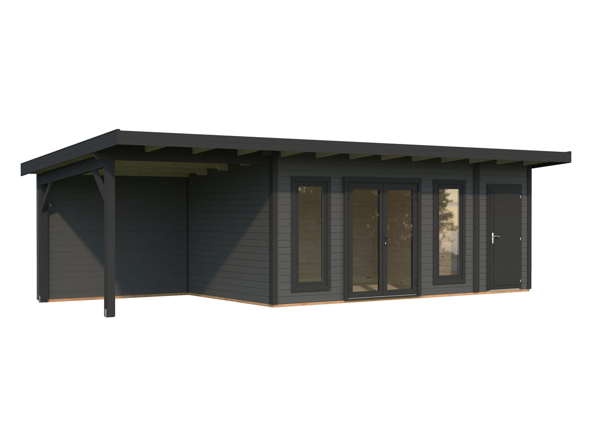 Aurelia XL+(8,9x3m|16,7+7,9m2|44mm ) Flat Roof Log Cabin with Canopy and Side Shed