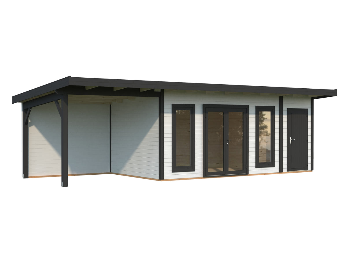 Aurelia XL+(8,9x3m|16,7+7,9m2|44mm ) Flat Roof Log Cabin with Canopy and Side Shed