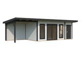 Aurelia XL+(8,9x3m|16,7+7,9m2|44mm ) Flat Roof Log Cabin with Canopy and Side Shed