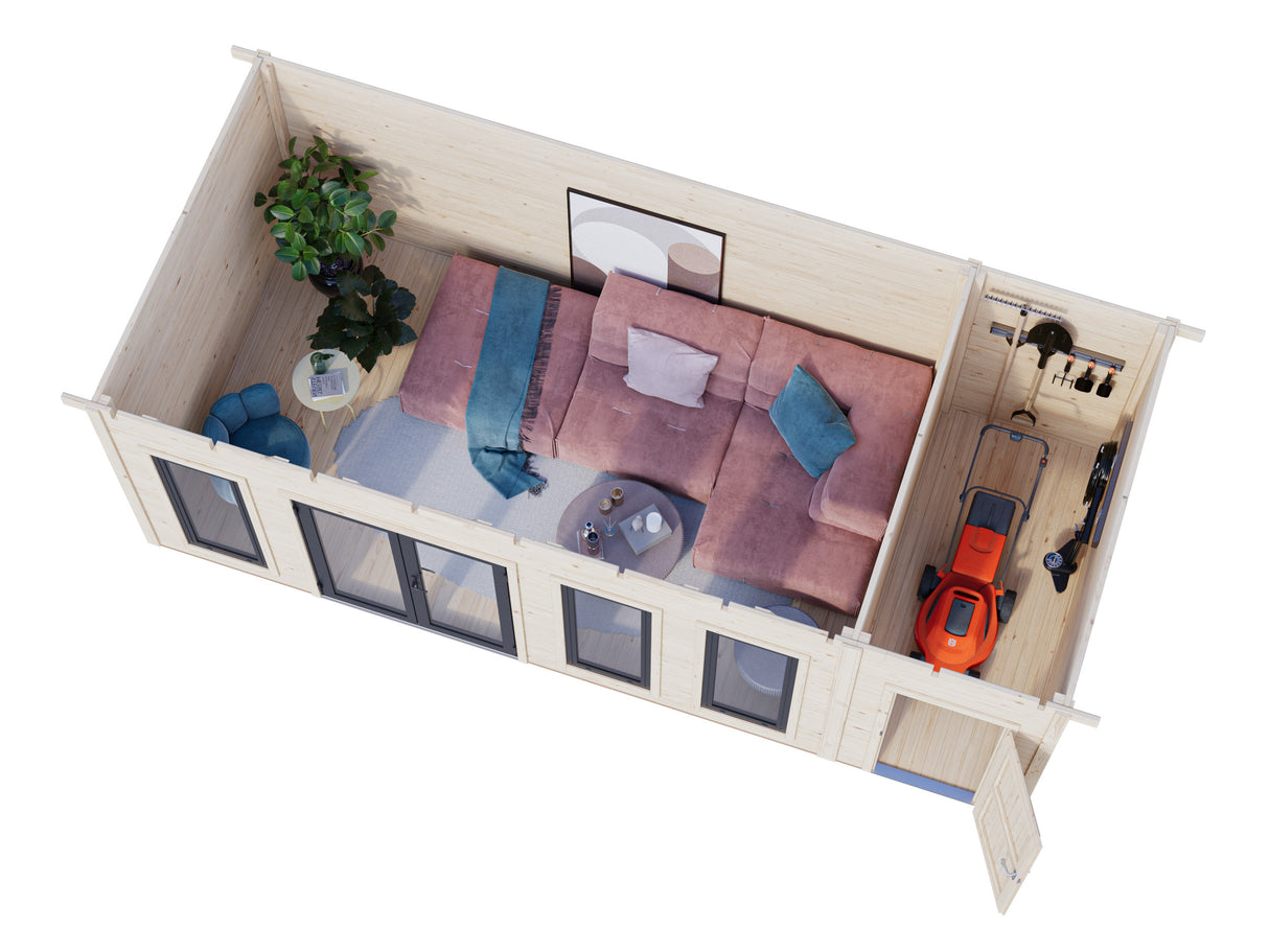 Aurelia XXL (6,7x3m|19,2m2|44mm ) Pent Roof Garden Room with Side Shed