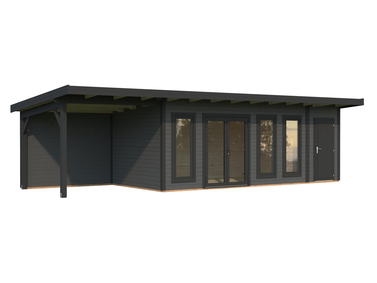 Aurelia XXL+ (9,7x3m|19,2+7,9m2|44mm ) Pent Roof Garden Room with Canopy and Side Shed