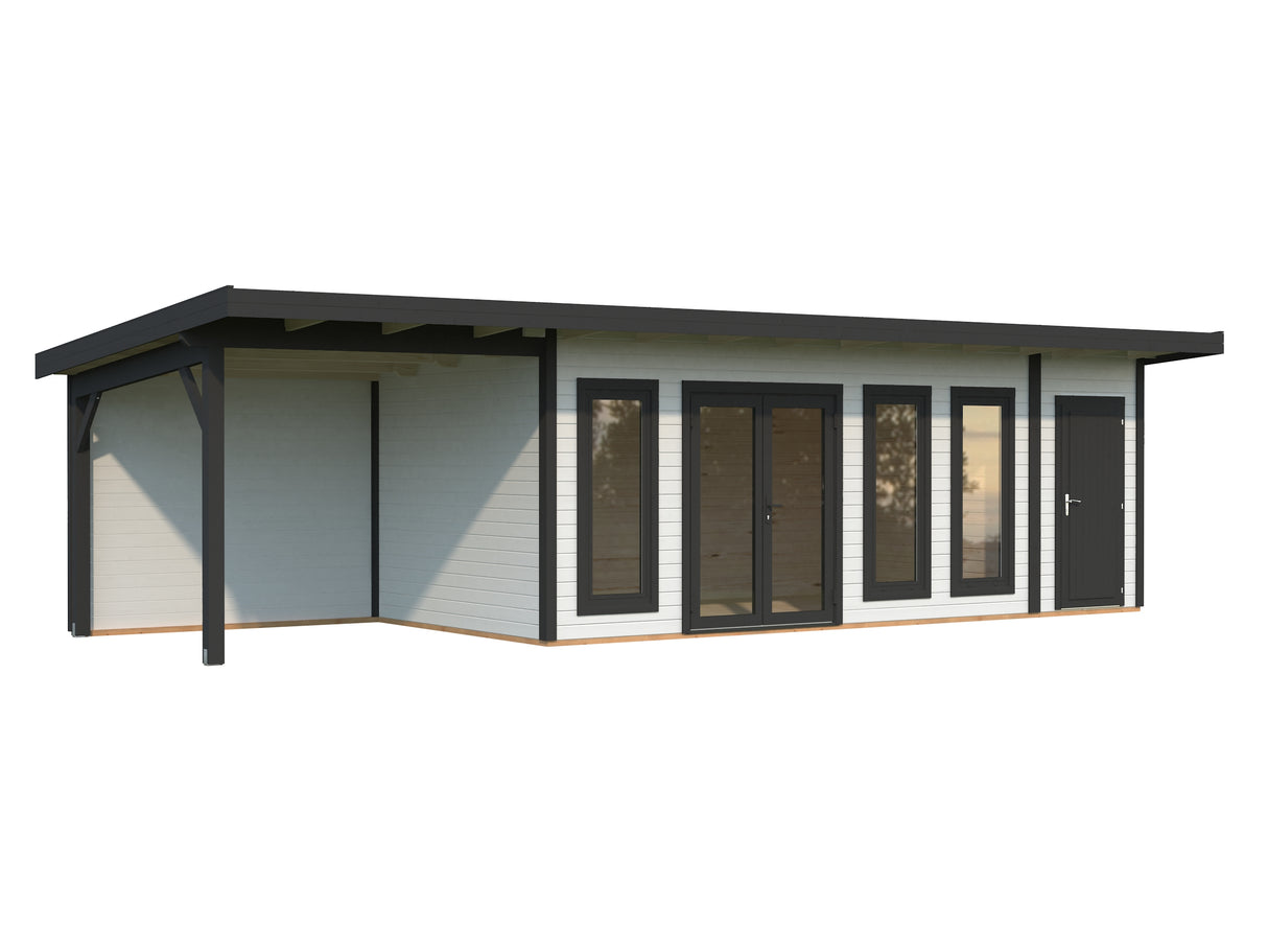 Aurelia XXL+ (9,7x3m|19,2+7,9m2|44mm ) Pent Roof Garden Room with Canopy and Side Shed