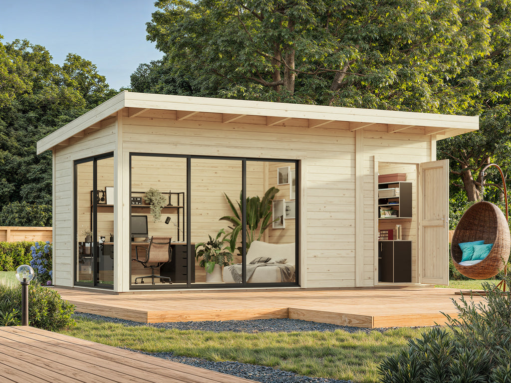 Andrea S+ (5,3x3m|15,2m2|44mm ) Compact Modern Log Cabin With Tool Shed - Palmako UK