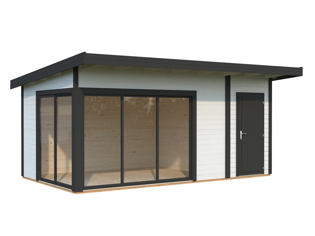 Andrea S+ (5,3x3m|15,2m2|44mm ) Compact Modern Log Cabin With Tool Shed
