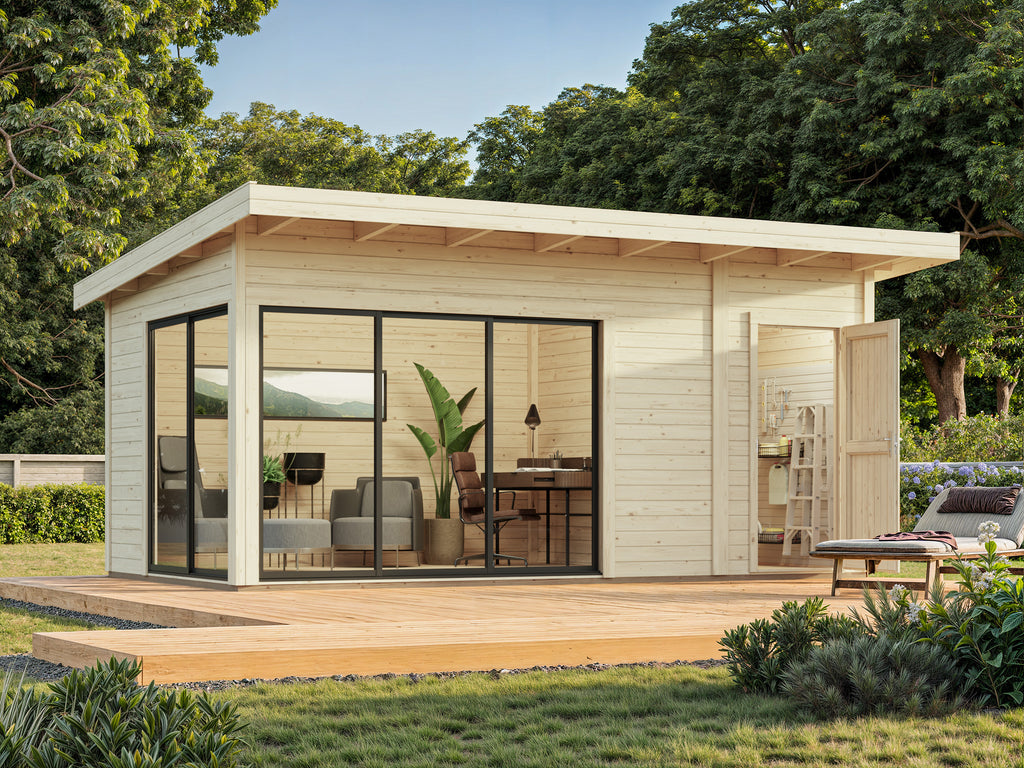 Andrea S+ (5,3x3m|15,2m2|44mm ) Compact Modern Log Cabin With Tool Shed - Palmako UK