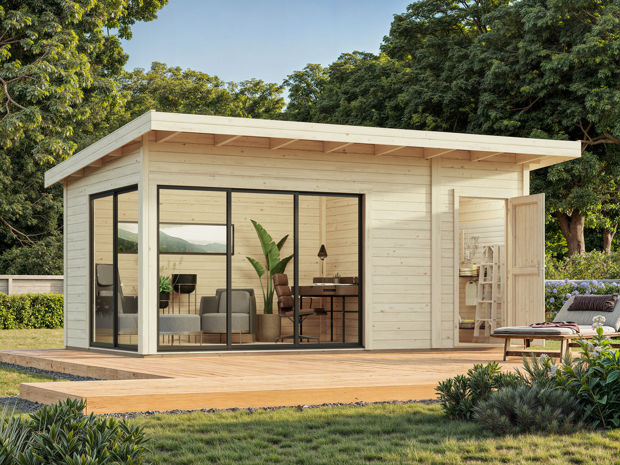 Andrea S+ (5,3x3m|15,2m2|44mm ) Compact Modern Log Cabin With Tool Shed