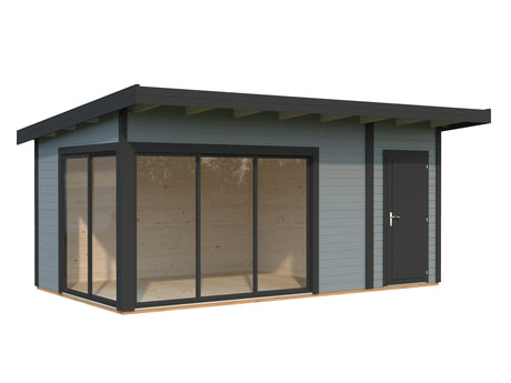 Andrea S+ (5,3x3m|15,2m2|44mm ) Compact Modern Log Cabin With Tool Shed