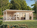 Andrea L+ (8,3x3m|15,2+7,9m2|44mm ) Sliding Door Garden Cabin with Canopy and Side Shed - Palmako UK