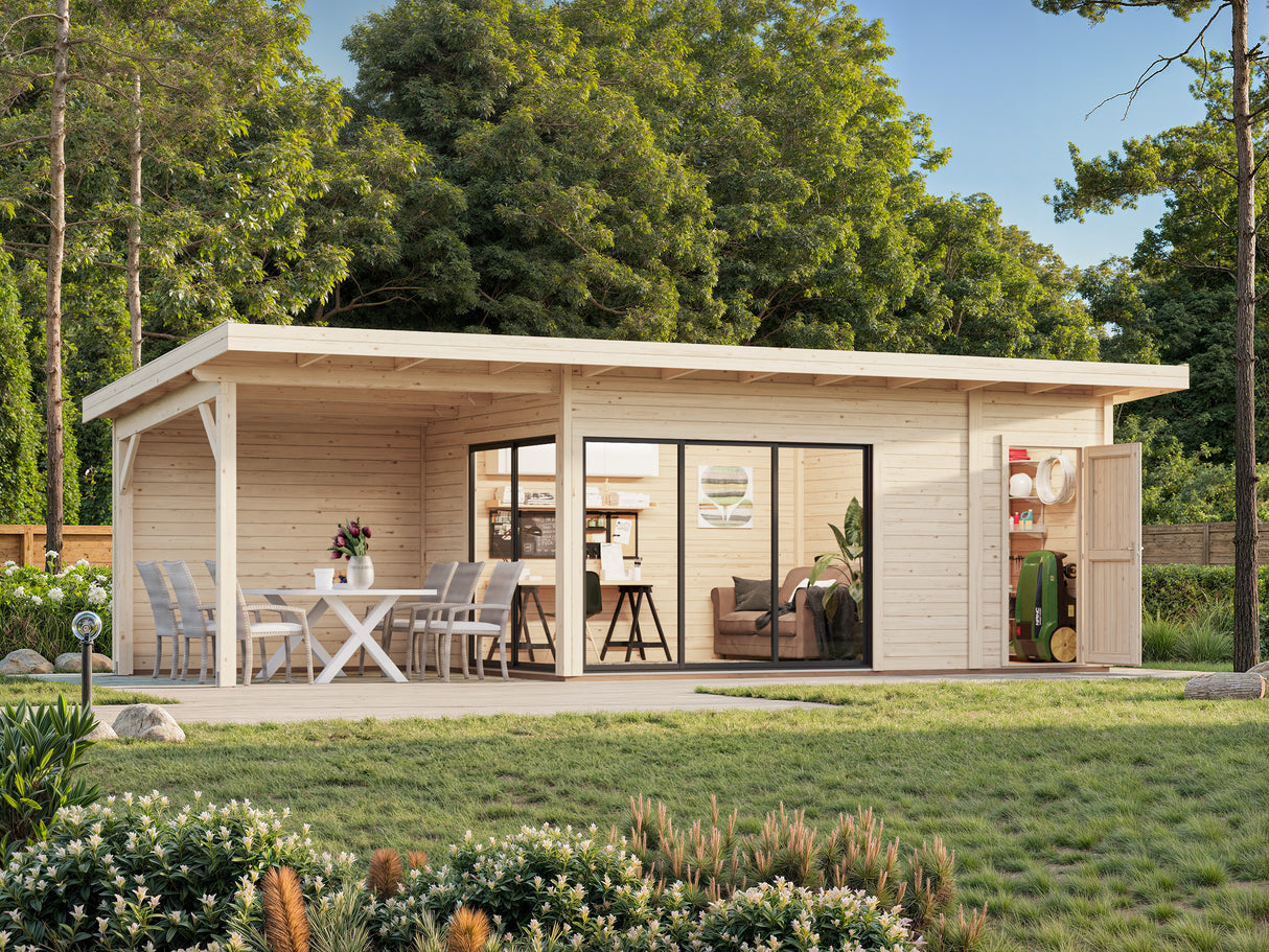 Andrea L+ (8,3x3m|15,2+7,9m2|44mm ) Sliding Door Garden Cabin with Canopy and Side Shed