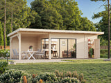 Andrea L+ (8,3x3m|15,2+7,9m2|44mm ) Sliding Door Garden Cabin with Canopy and Side Shed