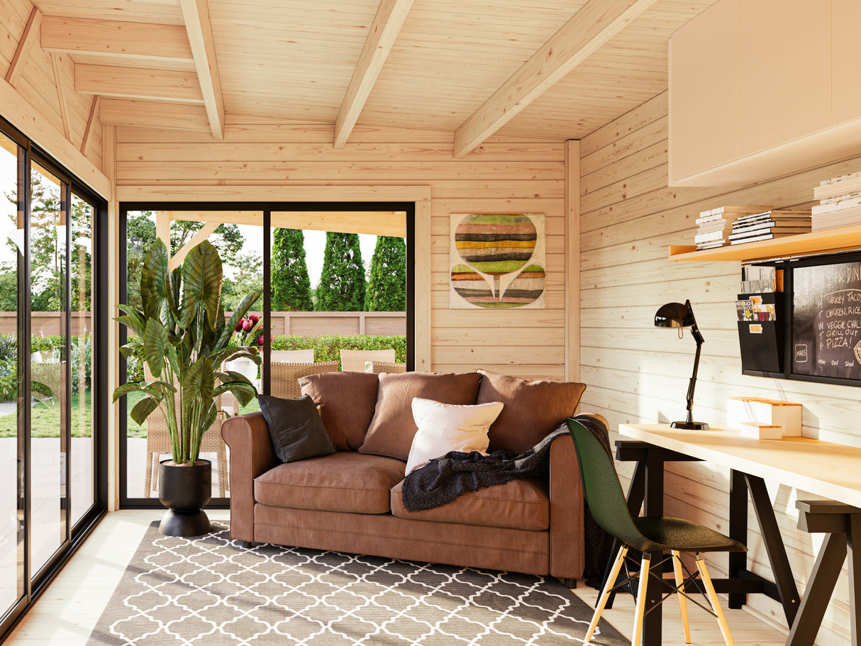 Andrea L+ (8,3x3m|15,2+7,9m2|44mm ) Sliding Door Garden Cabin with Canopy and Side Shed