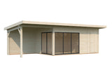 Andrea L+ (8,3x3m|15,2+7,9m2|44mm ) Sliding Door Garden Cabin with Canopy and Side Shed