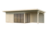 Andrea L+ (8,3x3m|15,2+7,9m2|44mm ) Sliding Door Garden Cabin with Canopy and Side Shed