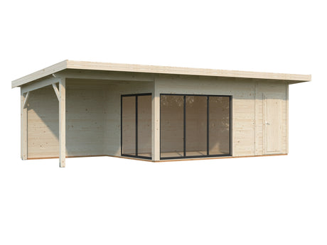 Andrea L+ (8,3x3m|15,2+7,9m2|44mm ) Sliding Door Garden Cabin with Canopy and Side Shed