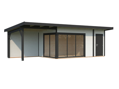 Andrea L+ (8,3x3m|15,2+7,9m2|44mm ) Sliding Door Garden Cabin with Canopy and Side Shed