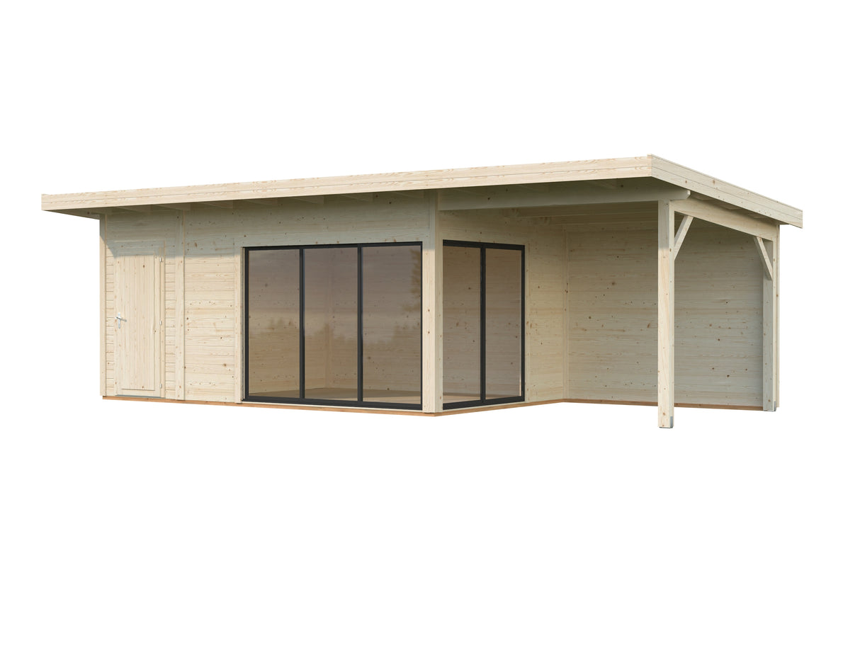 Andrea L+ (8,3x3m|15,2+7,9m2|44mm ) Sliding Door Garden Cabin with Canopy and Side Shed