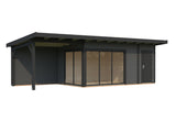 Andrea L+ (8,3x3m|15,2+7,9m2|44mm ) Sliding Door Garden Cabin with Canopy and Side Shed
