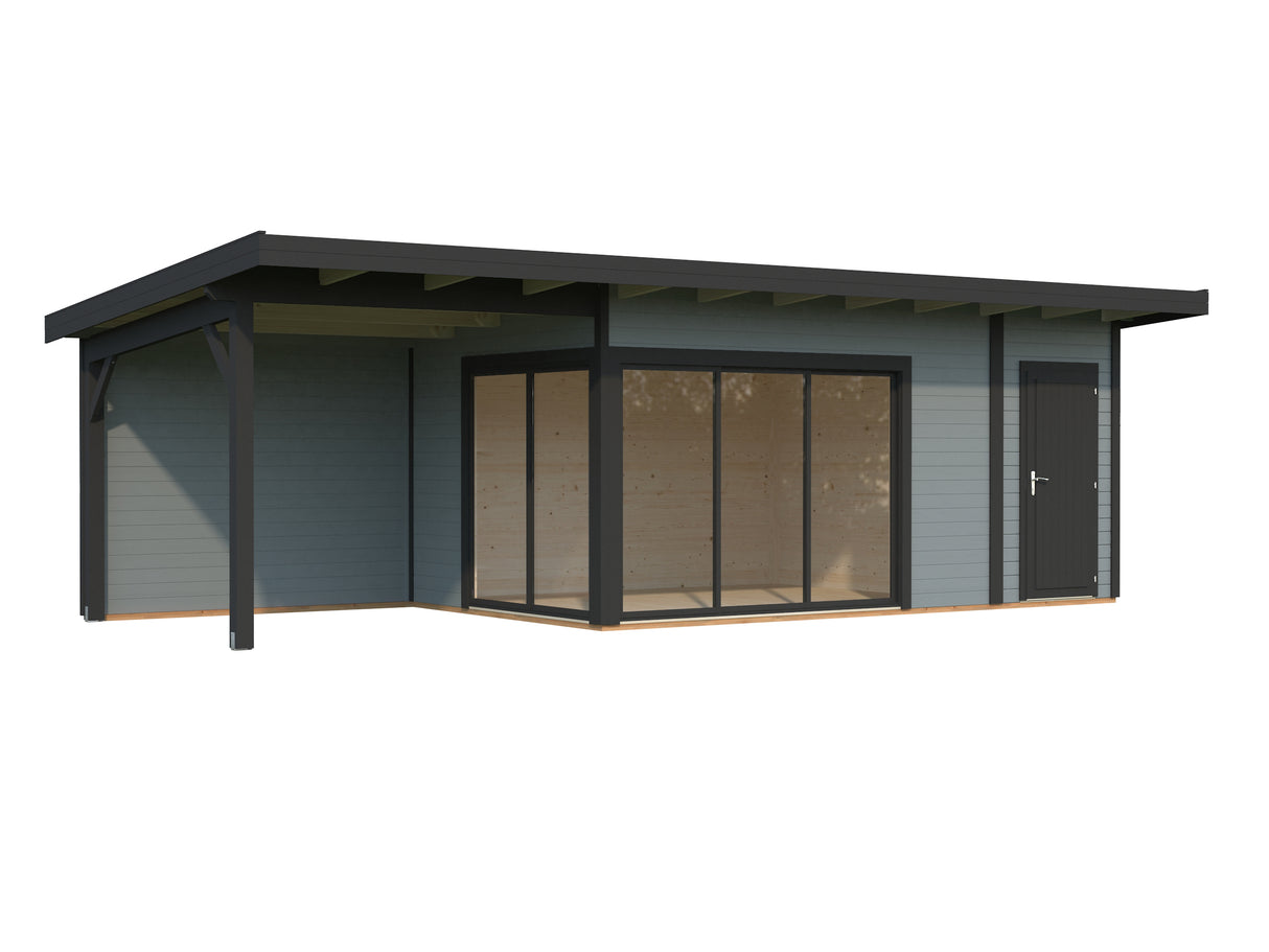 Andrea L+ (8,3x3m|15,2+7,9m2|44mm ) Sliding Door Garden Cabin with Canopy and Side Shed