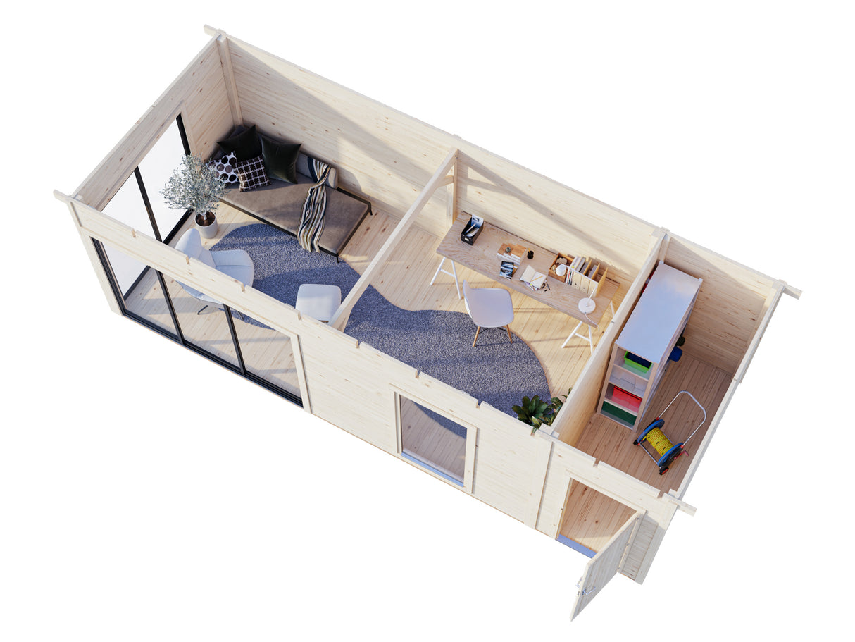 Andrea M+ (7,4x3m|21,1m2|44mm ) Modern Log Cabin with Side Shed