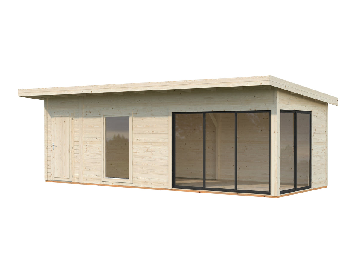 Andrea M+ (7,4x3m|21,1m2|44mm ) Modern Log Cabin with Side Shed