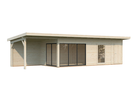 Andrea XL+ (10,4x3m|21,1+7,9m2|44mm ) Modern Garden House with Canopy and Side Shed