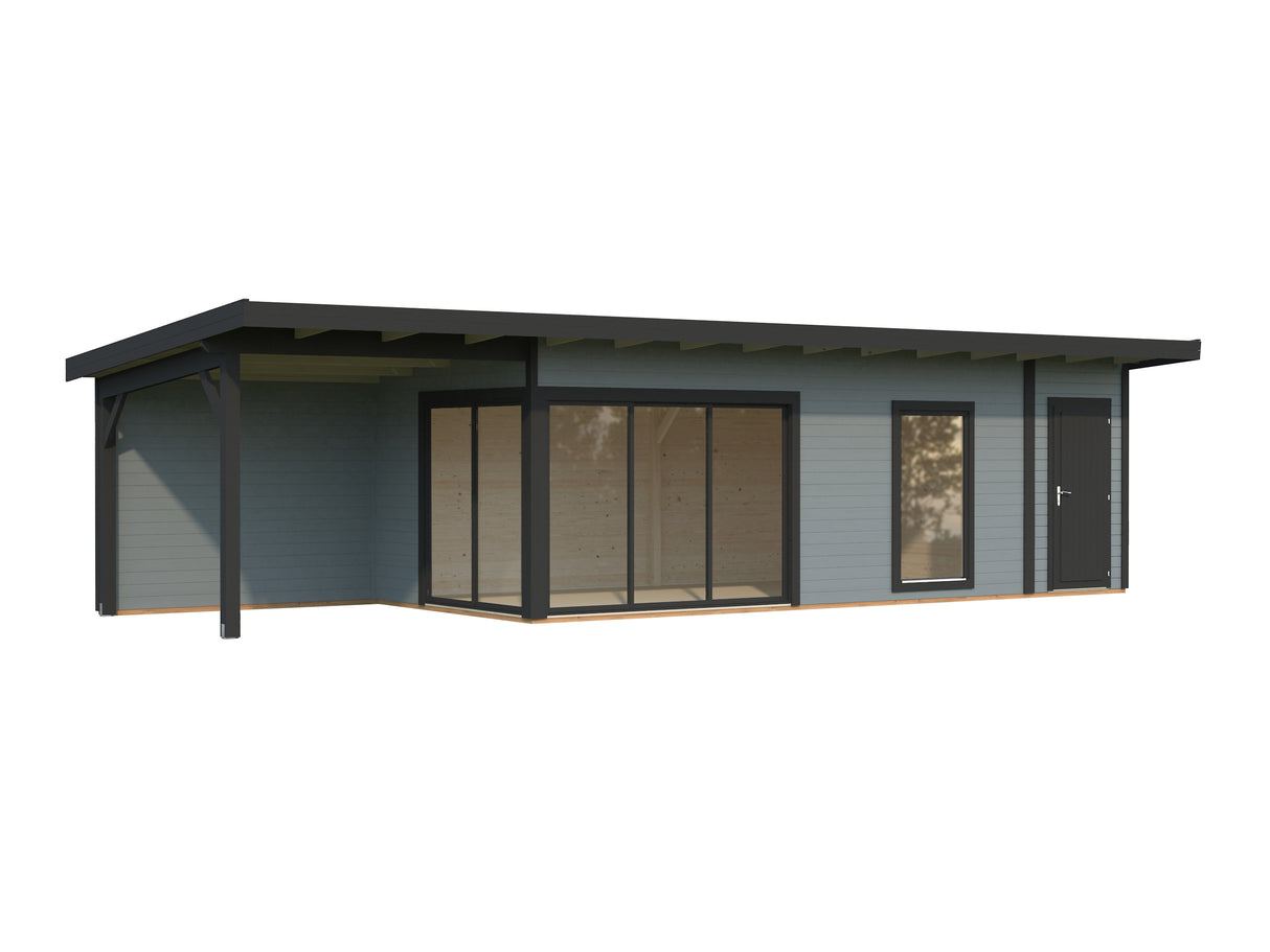 Andrea XL+ (10,4x3m|21,1+7,9m2|44mm ) Modern Garden House with Canopy and Side Shed