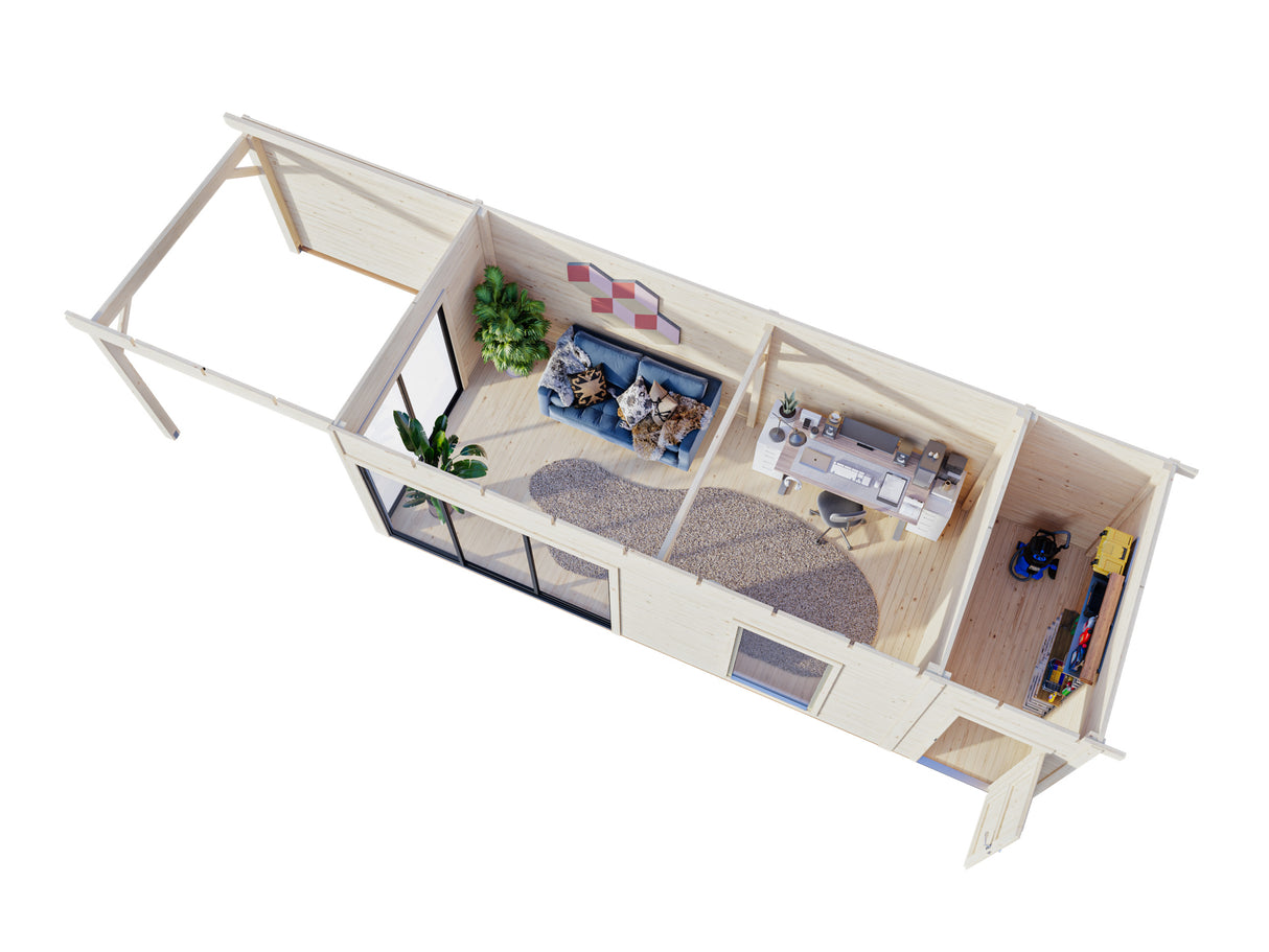 Andrea XL+ (10,4x3m|21,1+7,9m2|44mm ) Modern Garden House with Canopy and Side Shed