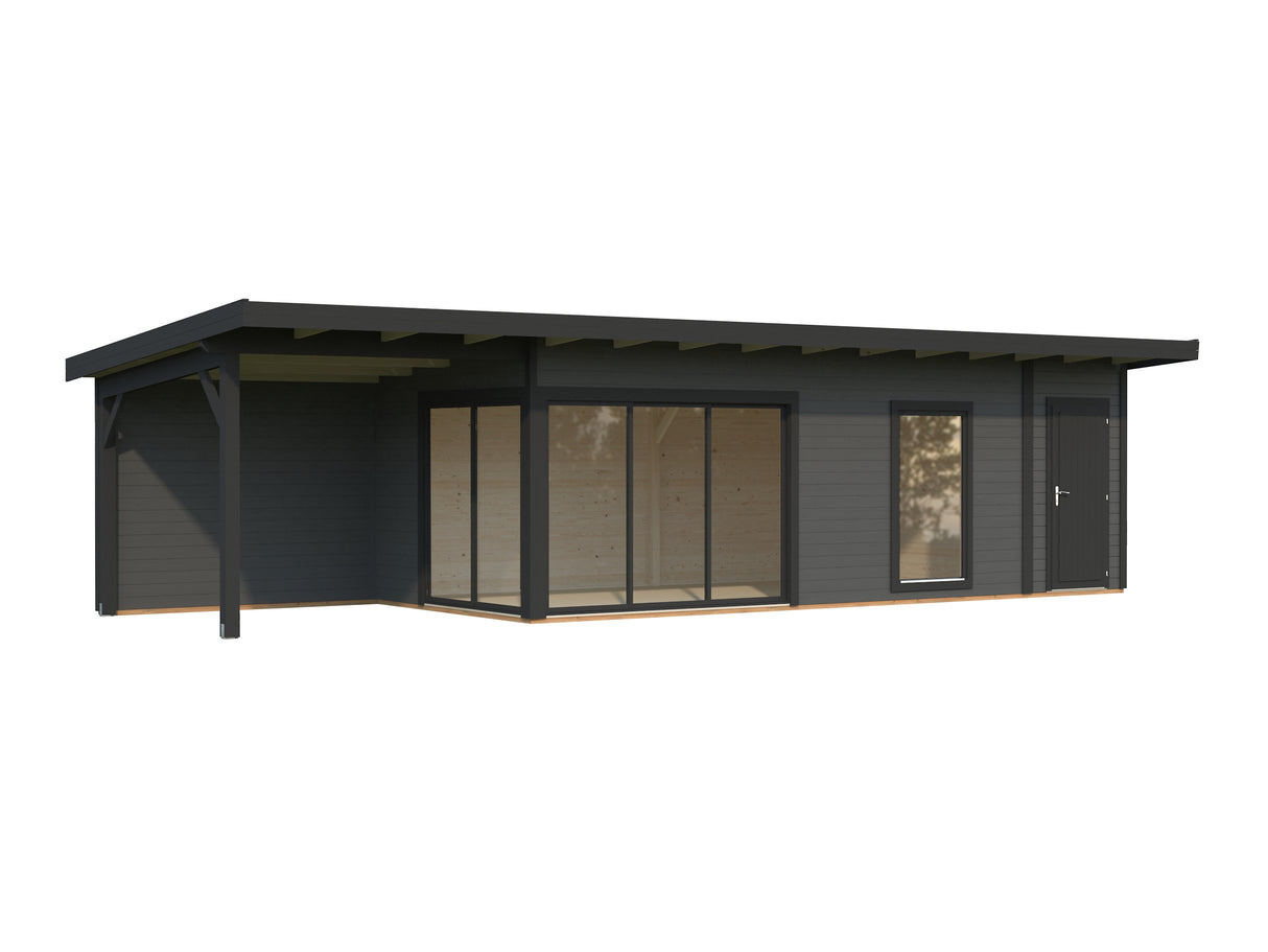 Andrea XL+ (10,4x3m|21,1+7,9m2|44mm ) Modern Garden House with Canopy and Side Shed