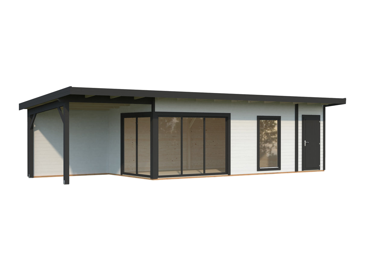 Andrea XL+ (10,4x3m|21,1+7,9m2|44mm ) Modern Garden House with Canopy and Side Shed
