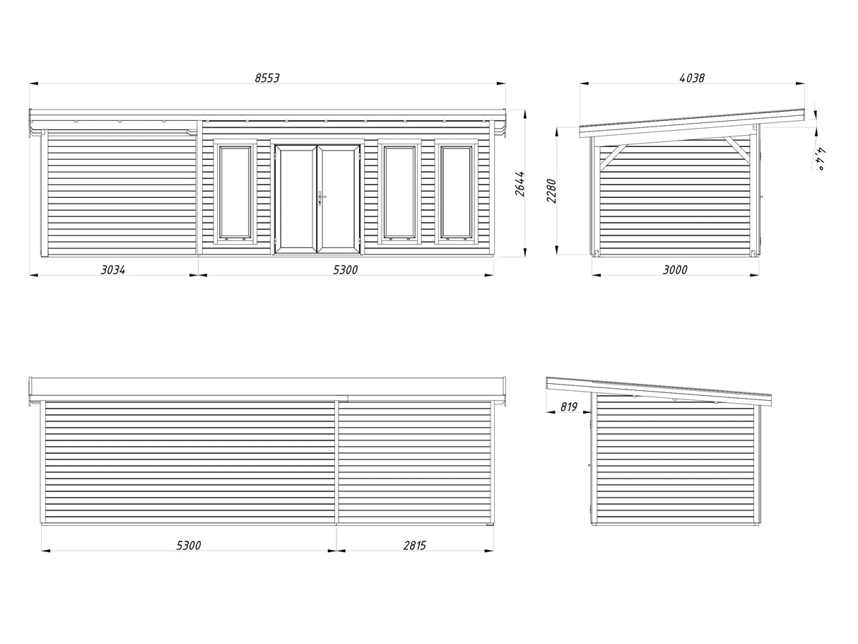 Aurelia L+ (8,3x3m|15,2+7,9m2|44mm ) Spacious Modern Garden room with Canopy
