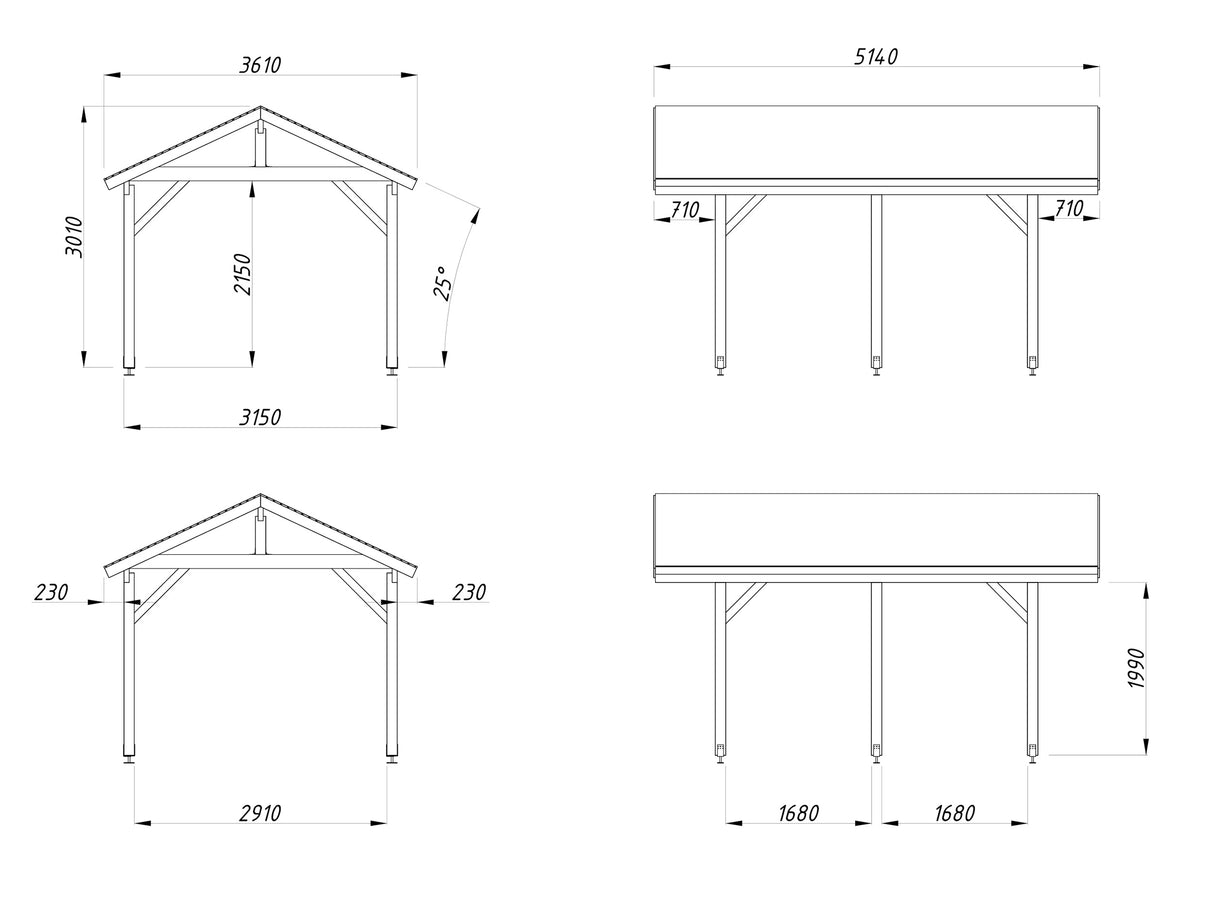 Robert S (3.2x3.7m | 11.7m2) Pitched Roof Timber Carport or Garden Pavilion
