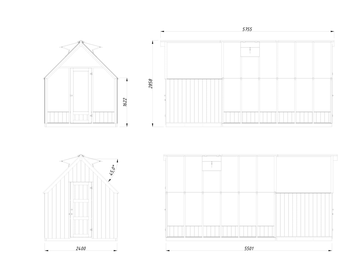 Emilia M+ (2,4x5,5m|8,2+4,0m2|18mm ) Greenhouse with Tool Shed - Painted Grey