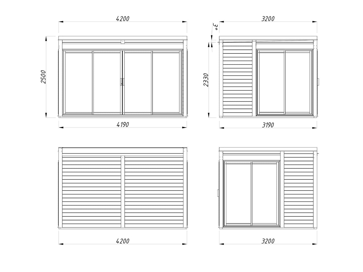 Serena 2 (4,2x3,2m|12,6m2|44mm ) Cubic Garden Log Cabin with Aluminium Doors and Windows(Double or Single Glazed)