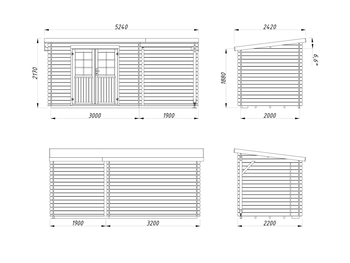 Malta 1 with 3,6 m2 canopy (5,1x2,2m | 5,7m2 | 28mm) Pent Roof Log Shed with Side Canopy