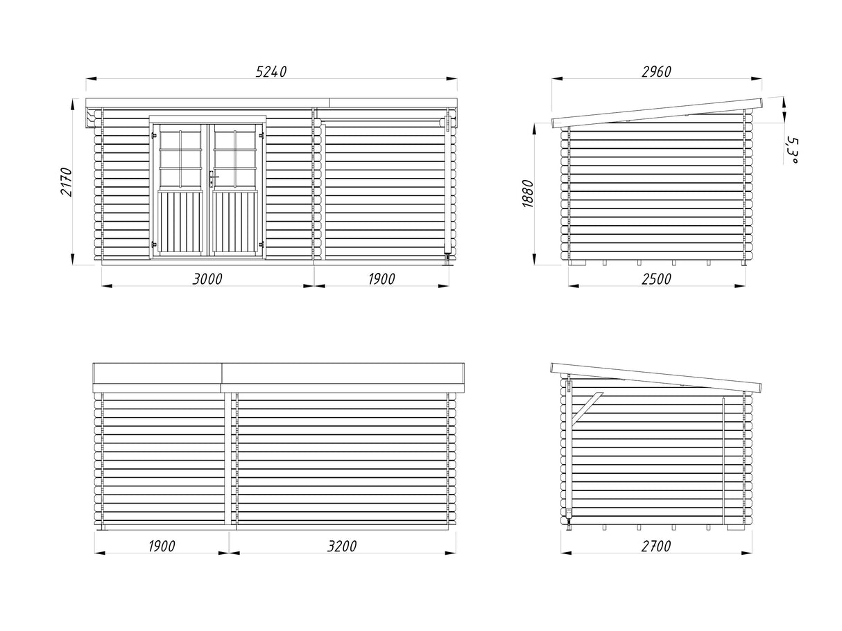Malta 2 with 4,6 m2 Canopy (4,9x2,5m | 7,2+4,6m2 | 28mm) Double Door Pent Roof Cabin with Side Canopy