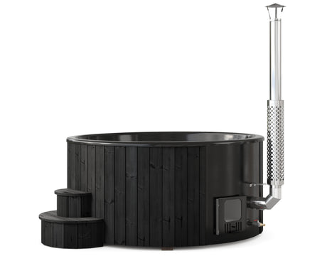 Solace M Blackline (d200cm | 6-Person) Round Wood-Heated Outdoor Hot Tub with Integrated Woodburner, LED included