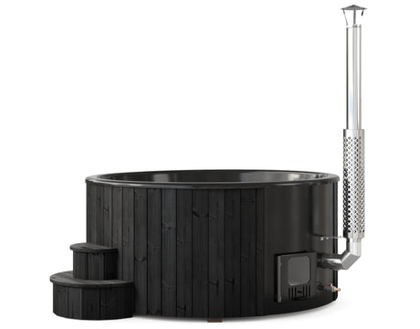 Solace L Blackline (d220cm | 8-Person) Round Wood-Heated Outdoor Hot Tub with Integrated Woodburner, LED included