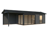Amanda M+ (8,7x3m | 17,1+7,8 m2 | 44mm) Modern Garden Room with Canopy and Sliding Doors (Double Glazing Available) - Palmako UK