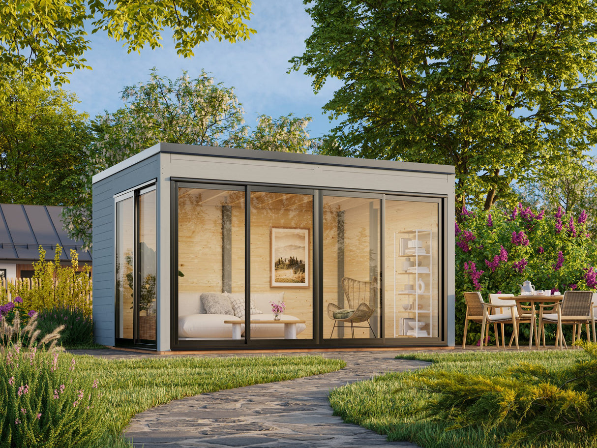 Serena 1 (4,2x3,2m|12,6m2|44mm) Cubic Corner Log Cabin with Aluminium Doors and Windows (Double or Single Glazed) - Palmako UK