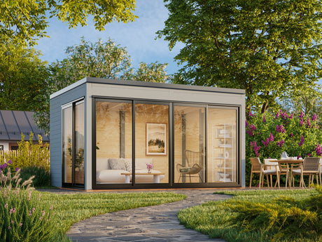 Serena 1 (4,2x3,2m|12,6m2|44mm) Cubic Corner Log Cabin with Aluminium Doors and Windows (Double or Single Glazed) - Palmako UK