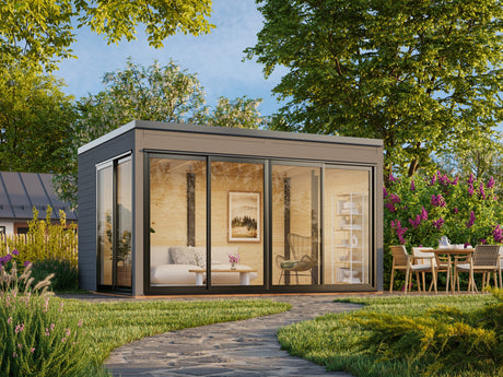 Serena 1 (4,2x3,2m|12,6m2|44mm) Cubic Corner Log Cabin with Aluminium Doors and Windows (Double or Single Glazed) - Palmako UK