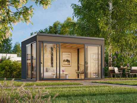 Serena 1 (4,2x3,2m|12,6m2|44mm) Cubic Corner Log Cabin with Aluminium Doors and Windows (Double or Single Glazed) - Palmako UK