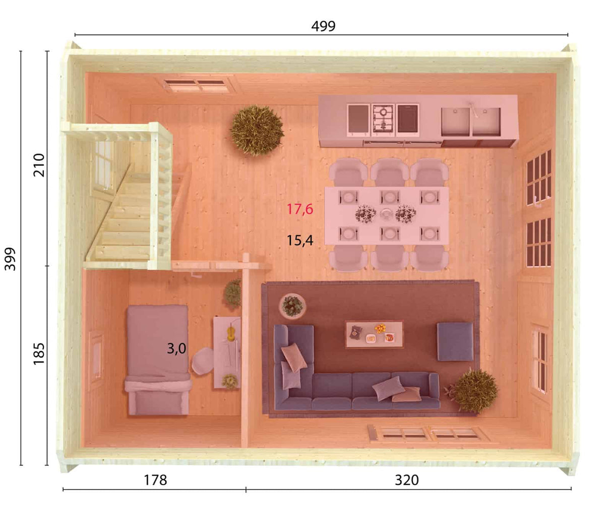Kendra (4.2x5.2m | 18.4m2 | 70mm) Log House with Loft Space