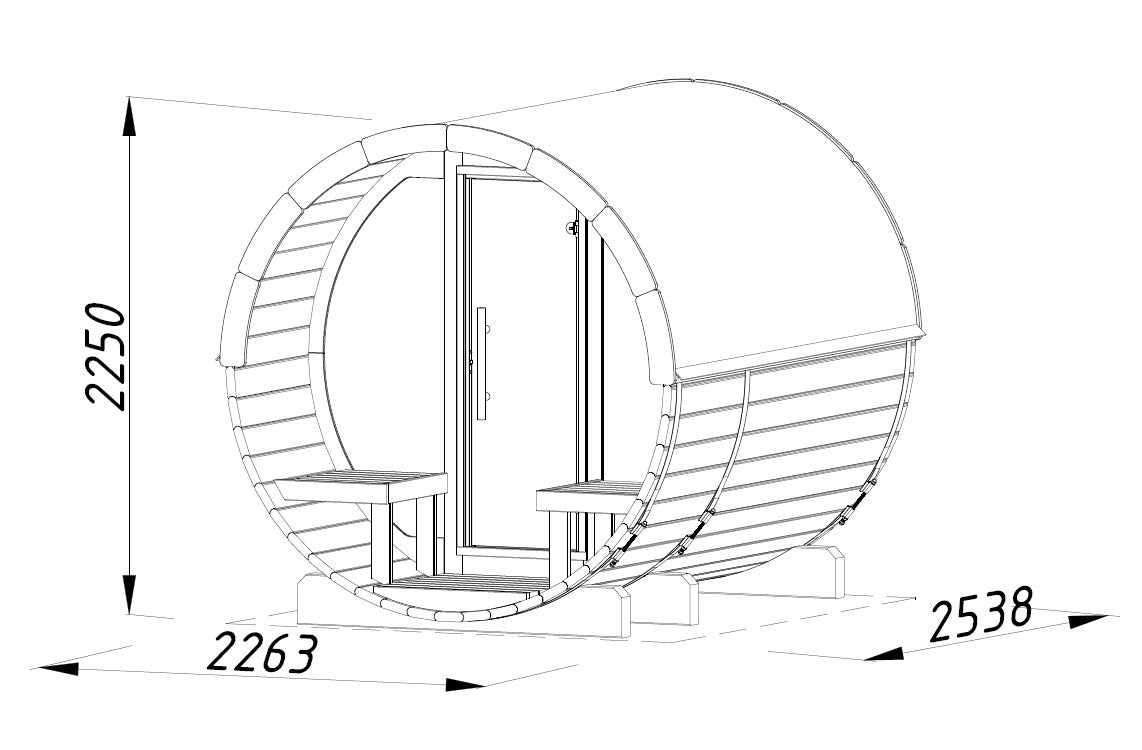 ANITA Thermo M Glass (2,2x2,5m|1,3m2|42mm) Thermowood Barrel Sauna with Glass Wall