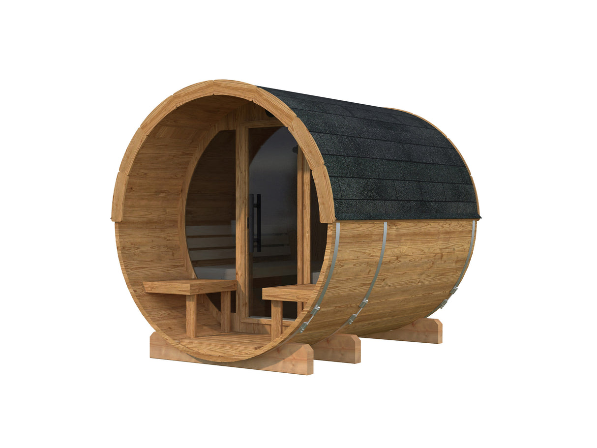 ANITA Thermo M Glass (2,2x2,5m|1,3m2|42mm) Thermowood Barrel Sauna with Glass Wall