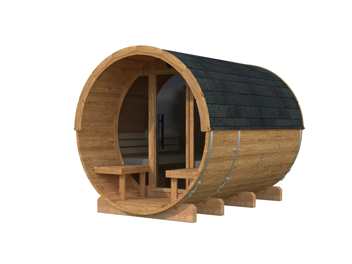 ANITA Thermo L Glass (2,2x2,9m|1,6m2|42mm) Thermowood Barrel Sauna with Glass Wall