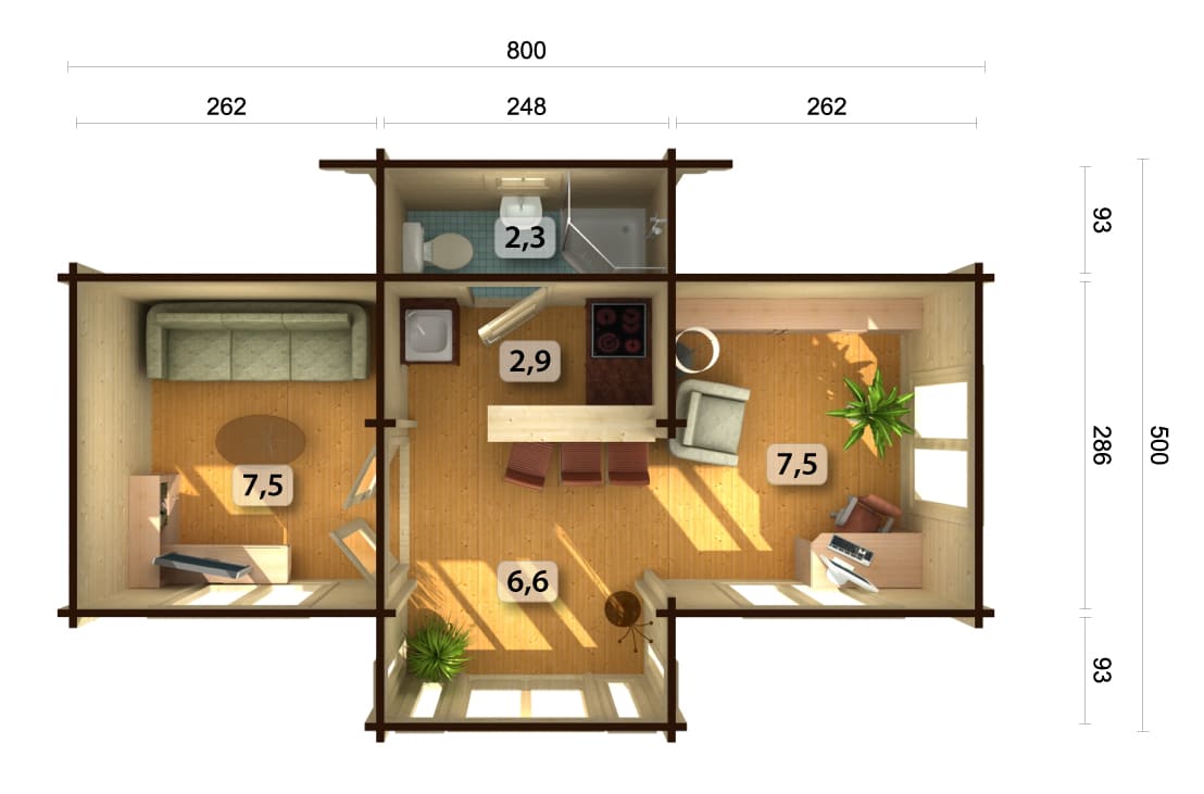 Anna L (8x5m | 26.8m2 | 70mm) Spacious Three Room Timber Garden House