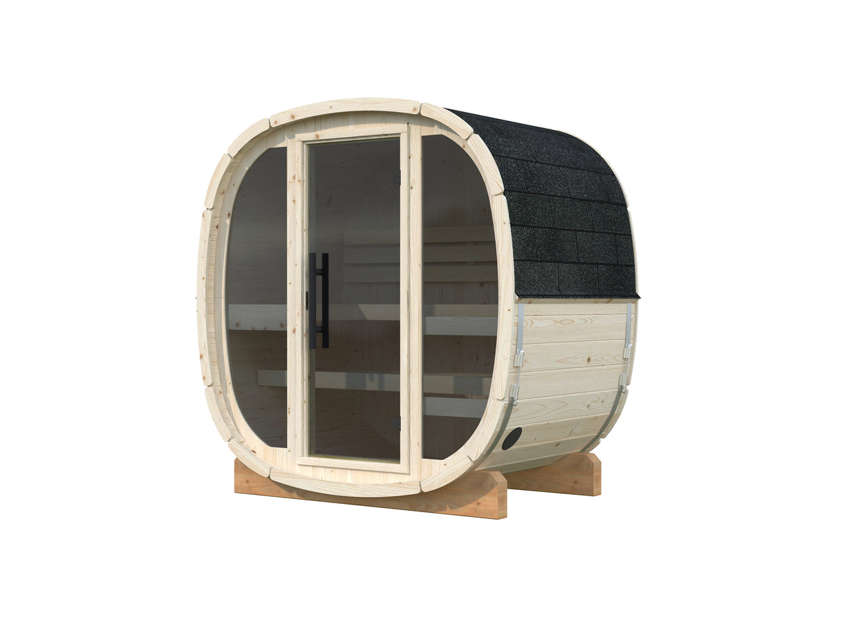 ASTRA S Glass (2x1,3m|1,1m2|42mm) Cubic Barrel Sauna with Glass Wall