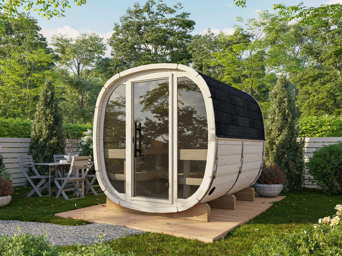 ASTRA L Glass (2x2,2m|2m2|42mm) Outdoor Cubic Barrel Sauna with Glass Wall